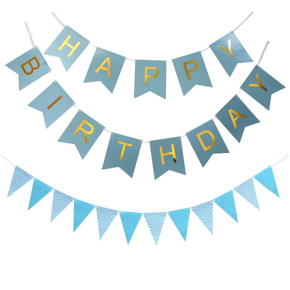 KUNGYO Happy Birthday Banner Birthday Party Decorations With Triangular Bunting Flag Garland (Blue)
