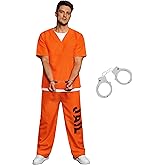 Arvilhill 3 Pcs Prisoner Costume Adult Men Orange Prison Full Set Cuffs Inmate Criminal Jail Outfit Cosplay Suit (S-XXL)