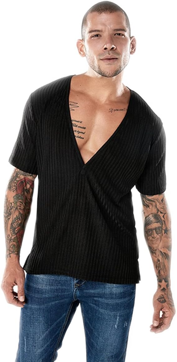 Amazon Baronhongファッションメンズセクシーなディープvネックストライプtシャツ半袖 Tシャツ カットソー 通販