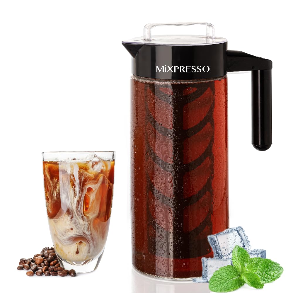 Photo 1 of Mixpresso Cold Brew Maker For Iced Coffee and Iced Tea, Cold Coffee Maker Glass Pitcher, Tea Infuser For Loose Leaf Tea, 44oz Large Ice Tea Brewer with Easy to Clean Reusable Mesh Filter.