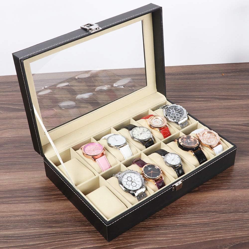 Hedume 12 Slot Leather Watch Box Display Case Organizer with Framed Glass Lid Elegant Contrast and Removable Pillow for Men and Women Watch and Jewelry Large Holder Boxes: Home Improvement