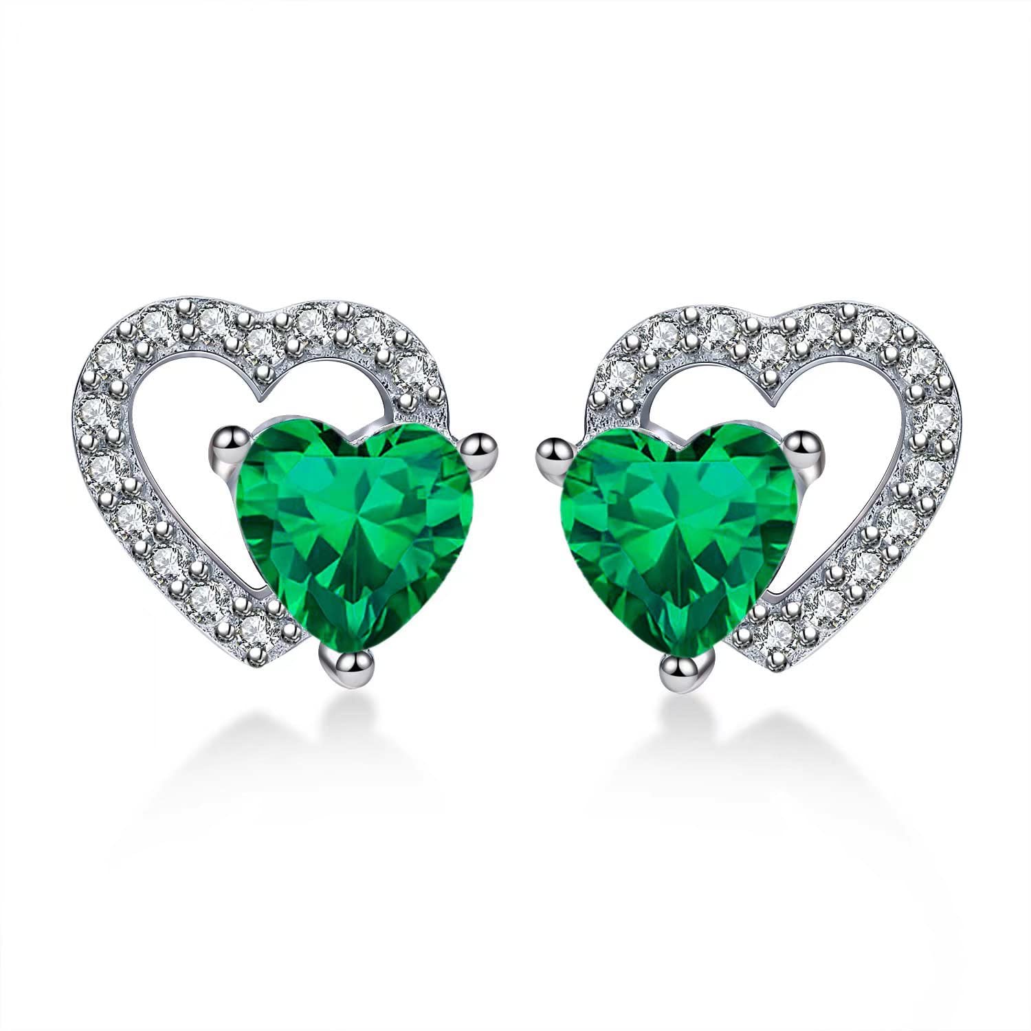 Qings May Birthstone Emerald Stud Earrings Sterling Silver Dainty Hollow Love You Forever Green Heart-shaped CZ Gemstone Cubic Zirconia Jewelry Gifts for Girls Wife
