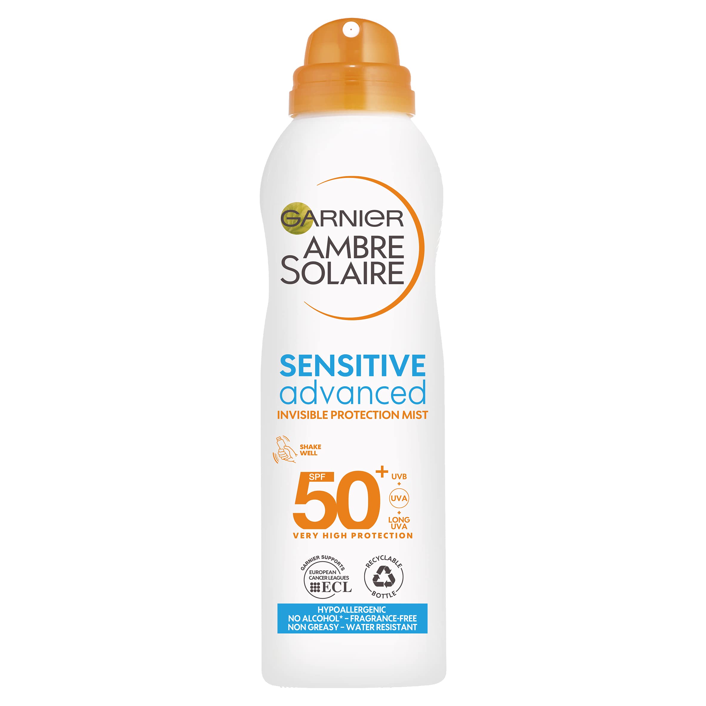 Garnier Ambre Solaire Sensitive Hypoallergenic Dry Mist Sun Cream Spray SPF50+, Non Greasy High Sun Protection SPF50+, Easy To Use Mist Spray, 200ml