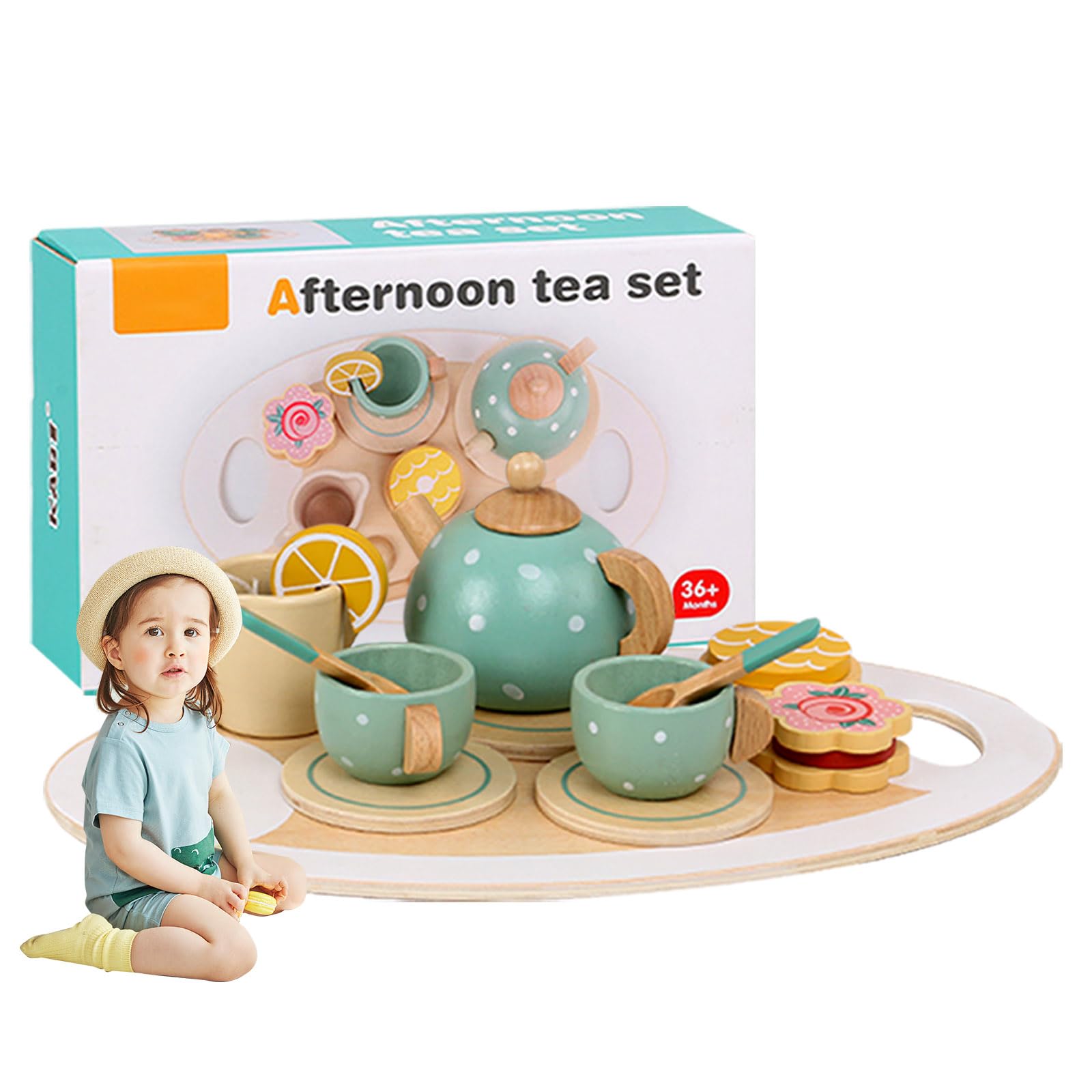 15PCS Tea Party Set for Children - Pretend Play Picnic Tea Time for Kids Wooden Tea Set for 3, 4, 5 Year Old Girls and Boys for Toy Tea Sets for Toddlers