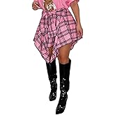 YBSKG Womens Plaid Skirts Elastic High Waist Tie Front Asymmetrical Hem Pleated Mini Skirt