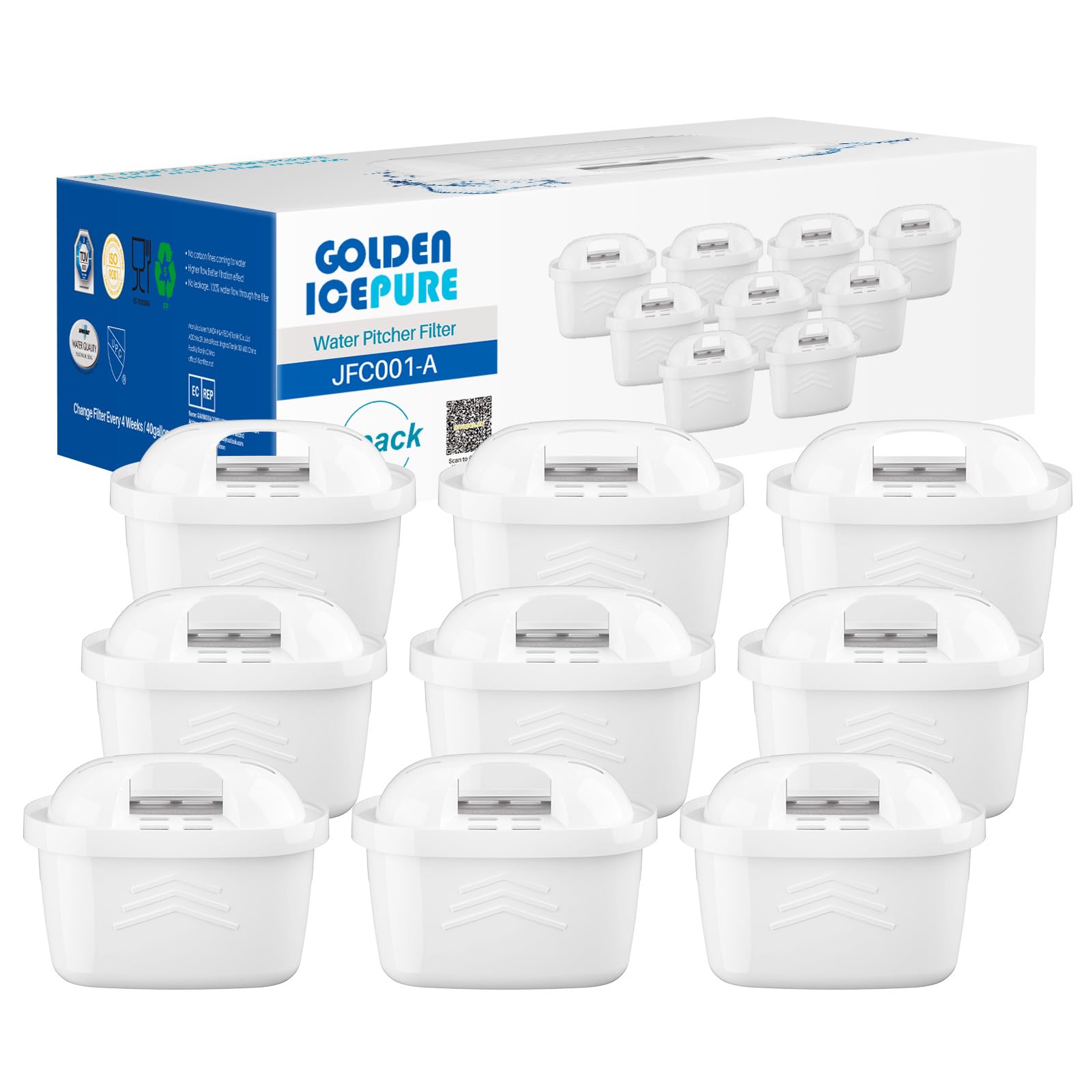 GOLDEN ICEPURE Water Filter Cartridges,Compatible with Brita Maxtra+,Maxtra Plus,Maxtra Pro All-in-1,Brita Marella Jug,Kettle,Mavea, Anna Duomax,Reduce PFAS, PFOA/PFOS, TÜV SÜD, NSF Certified, 9 Pack
