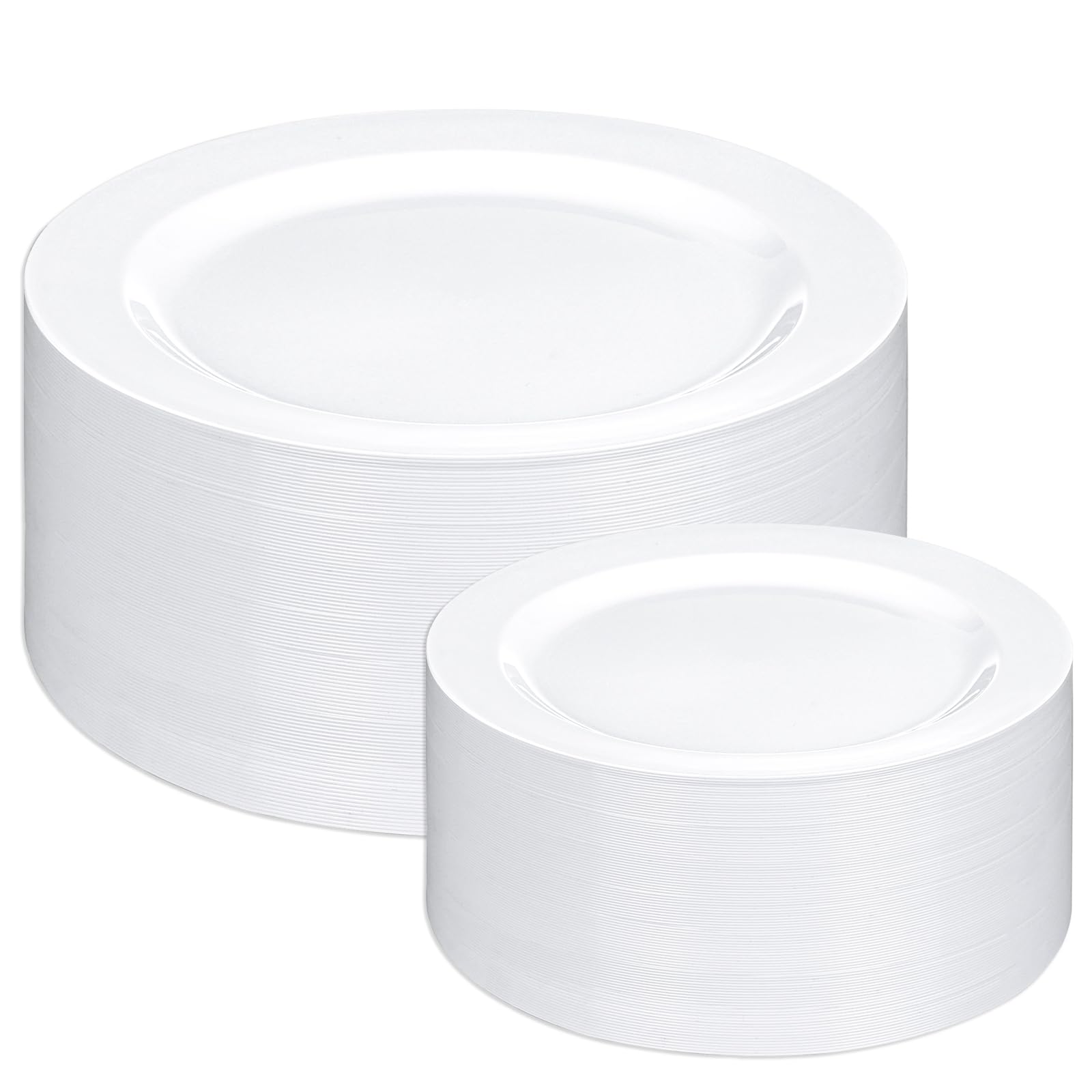 Photo 1 of Moretoes 200PCS White Plastic Plates Disposable 10inch Dinner Plates and 7inch Dessert Salad Plates Heavy Duty Plates for Wedding Party and Birthday