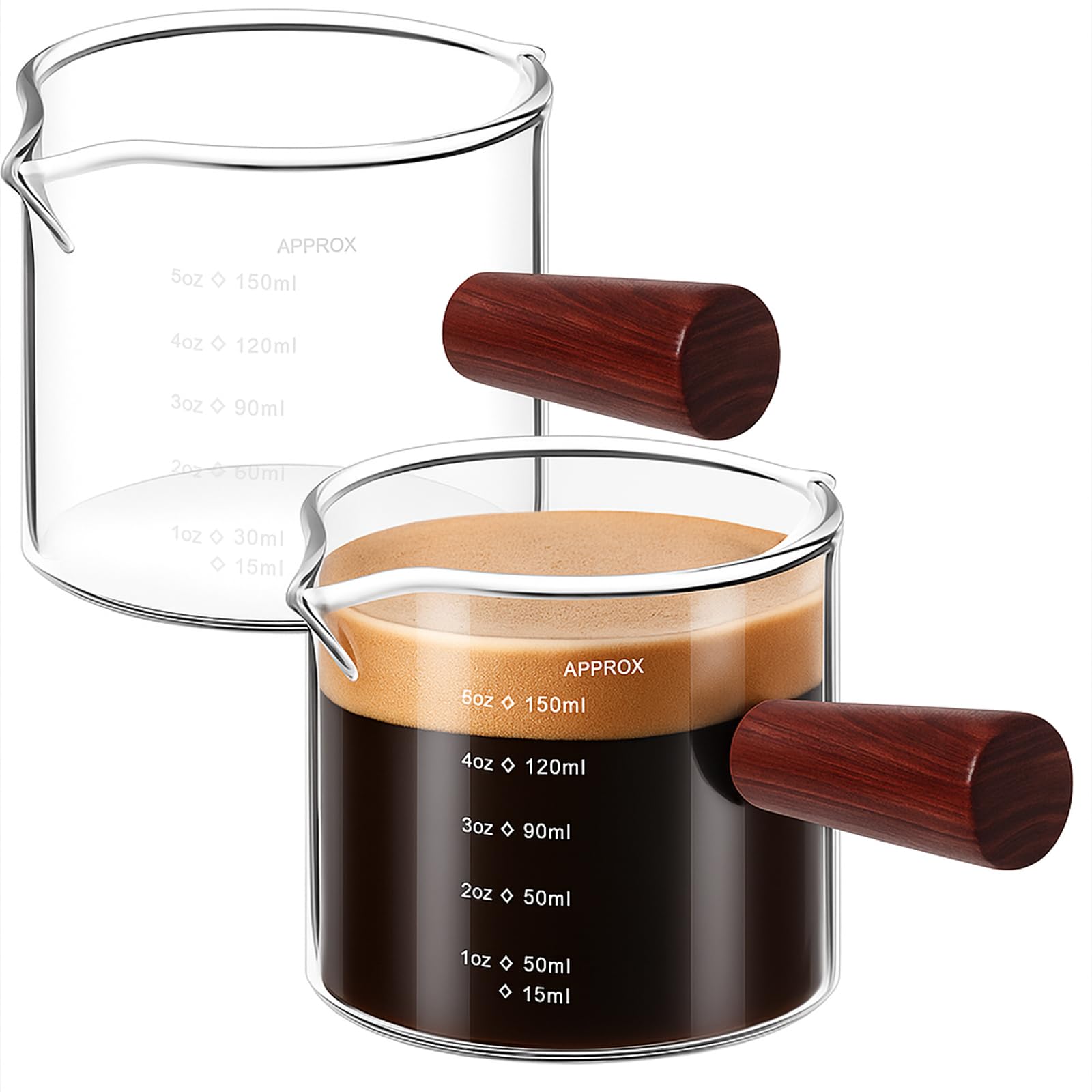 Photo 1 of 2 Pack Espresso Cups 5oz, Expresso Shots Cup, Double Spouts Cups, Shot Glasses with Wood Handle Measuring Triple Pitcher Milk Cup Clear Measuring Coffee Shot Glass for Barista Coffee Measure