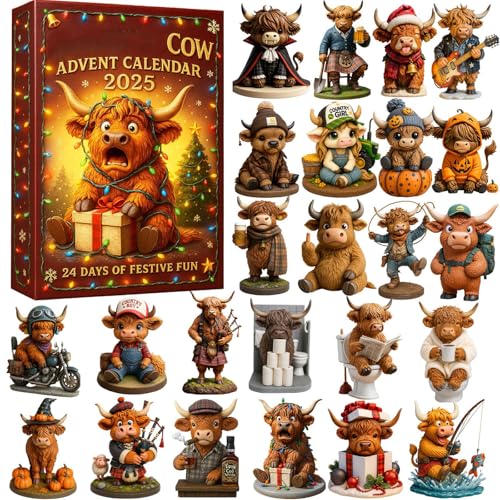High land Cow Advent Calendar 2025, 24 Days Christmas Countdown Calendar Gift, 2D High land Cow Ornaments, Christmas Tree Ornament Surprise Holiday Gifts for Xmas Tree Home Door Wall Car Decor
