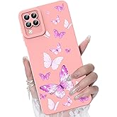 CASBST for Samsung Galaxy A12 Phone Case, Fashion Flower Pattern Design Girls Women Liquid Silicone Cover, Slim Shockproof and Scratch-Resistant Soft Case for Samsung A12 - Butterfly Pink