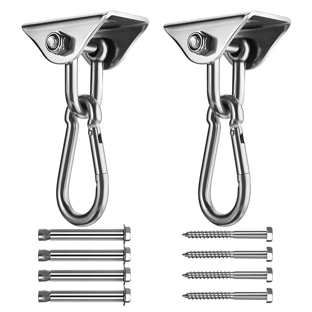 Awroutdoor Swing Hangers Hooks,Set of 2 Stainless Steel 180°Swivel Hammock Hooks with Locking Carabiner,1000LB Capacity for Concrete Wooden Sets Playground Porch Indoor Outdoor Seat Trapeze Yoga, GYM