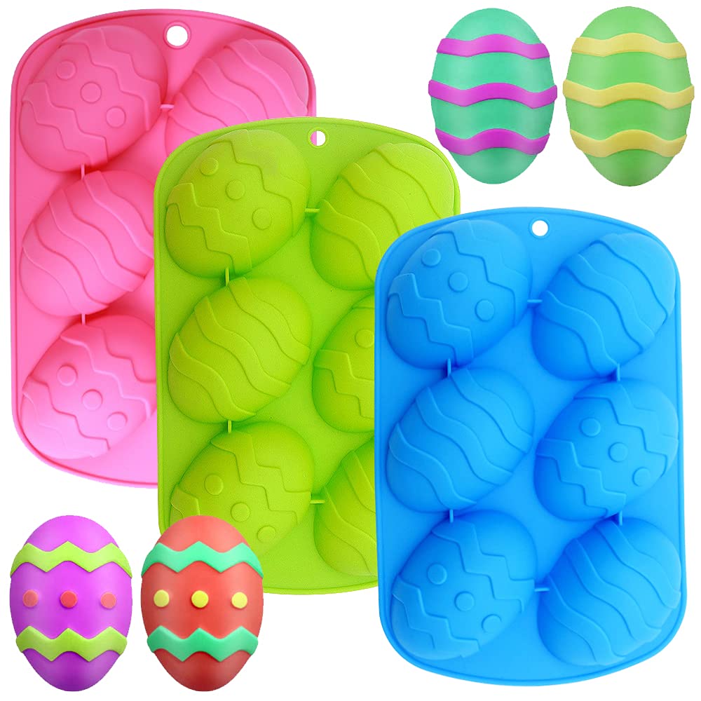 Easter Egg Mould,maxin 3 Pack Easter Egg Shaped Chocolate Molds 6 Cavities Silicone Mold for DIY Candy Chocolate Cake Jelly Fondant Making Cake Decoration