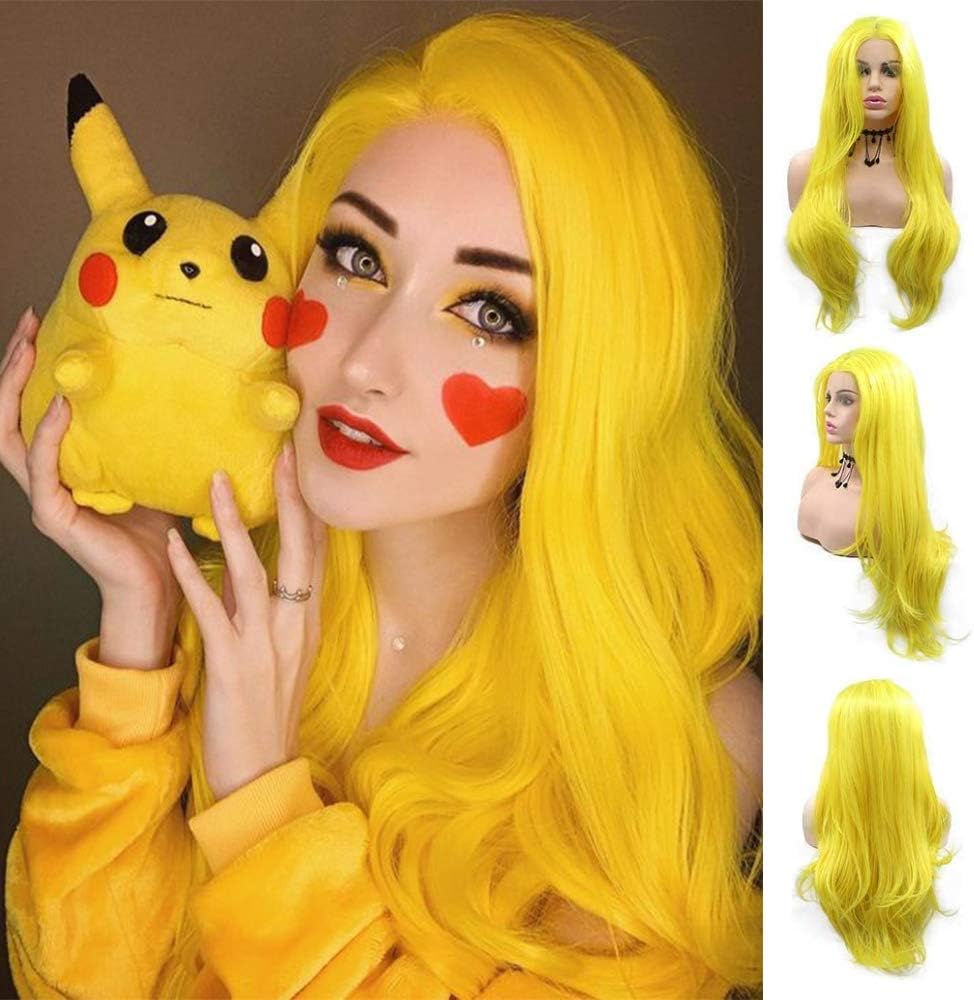 Limon Yellow Lace Front Wigs for Women Natural Long Wavy Yellow Wig Half Hand Tied Heat Resistant Fiber Hair Replacement Full Wig Party Daily 24 inch Wig