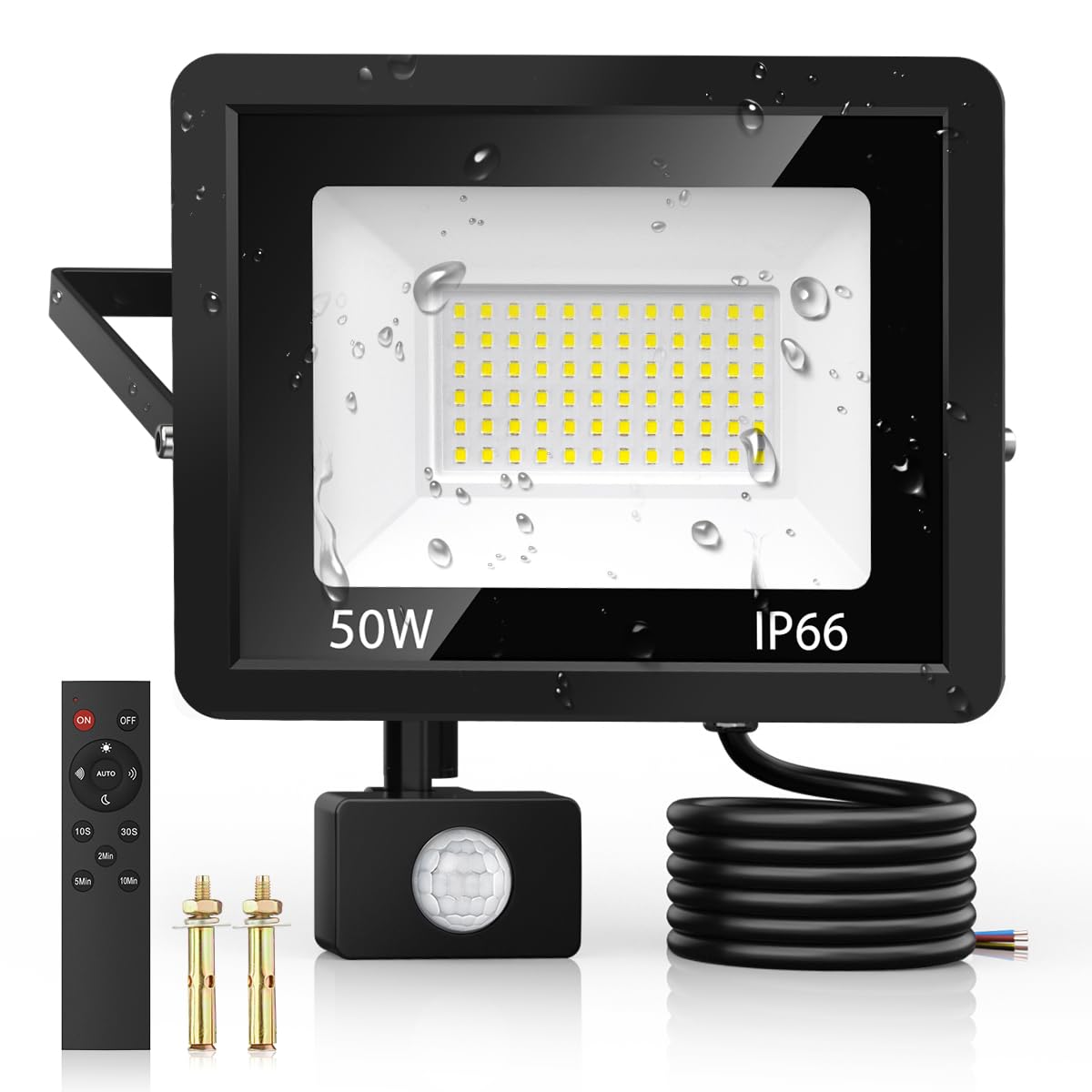 50W Security Lights Outdoor Motion Sensor, PIR Flood Light with Remote Control, IP66 Waterproof, 72 LEDs, Cool White, 6500K, 4500LM, Outdoor Lights Mains Powered for Garden Corridor Entrance Backyard