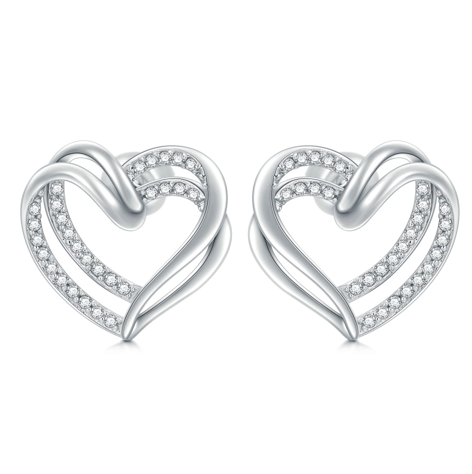 SISGEM s925 Silver Heart Stud Earrings, 925 Sterling Silver Double Opening Heart Earring Studs, for Women Girls Ladies Mum Sisters