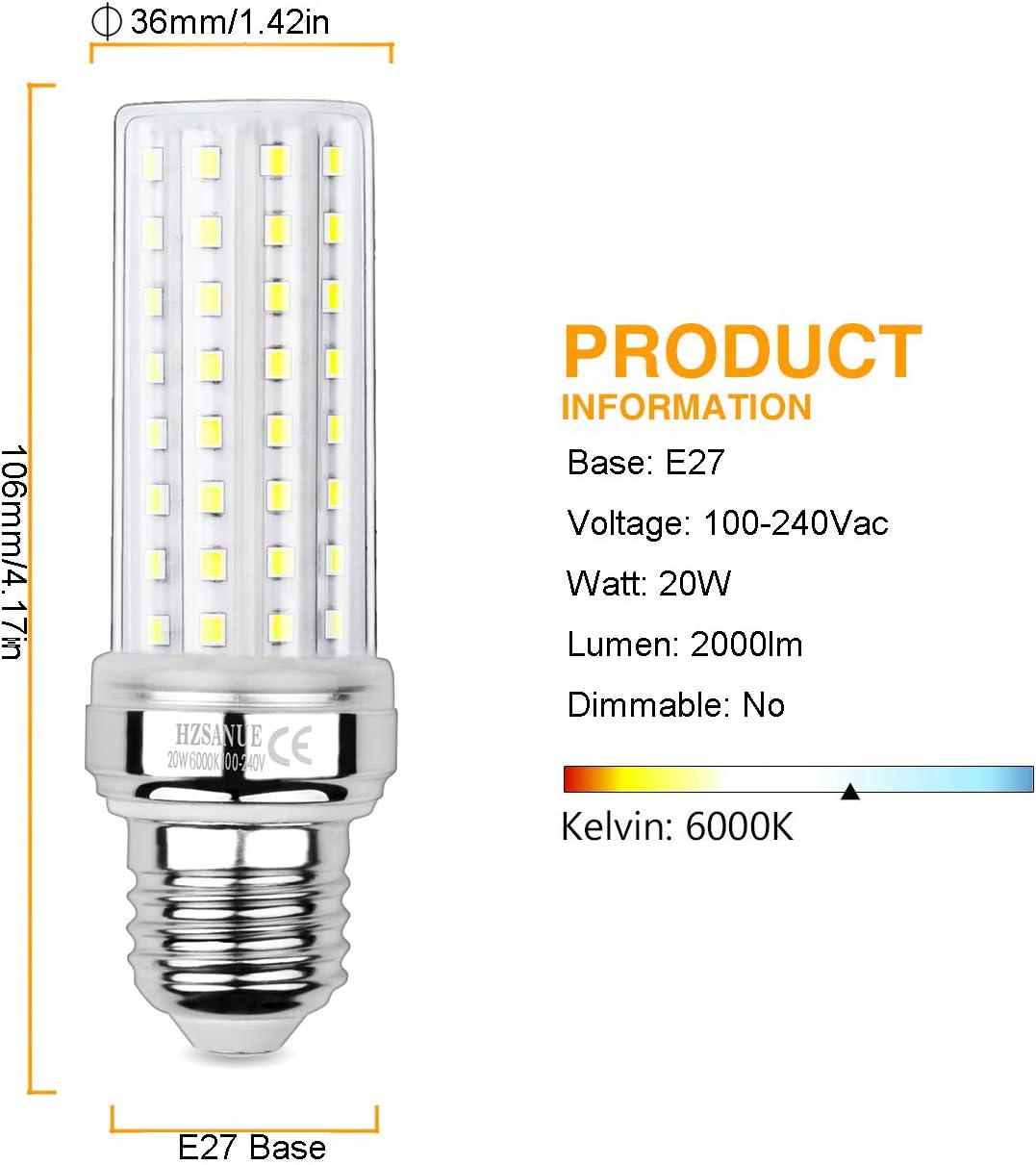 HZSANUE LED Corn Bulbs 20W, 150W Incandescent Bulbs Equivalent, 2300Lm, 6000K Daylight White, E27 Edison Screw, Pack of 3 - Image 3