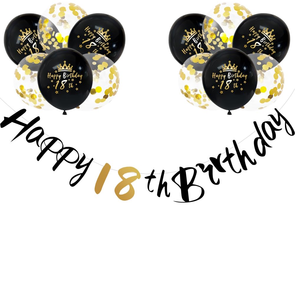 Girls Boys Happy 18th Birthday Banners Black 18th Birthday Banner Bunting Black Gold Including 12 Pack 12” Latex Printed Balloons Women Men 18 Decorations Supplies