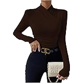 SweatyRocks Women's Ruched Mock Neck Long Sleeve T Shirt Solid Slim Fitted Tee Tops