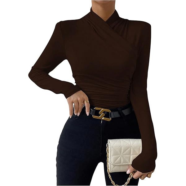 Womens Tops Criss Cross Mock Neck Casual Long Sleeve Slim Fit