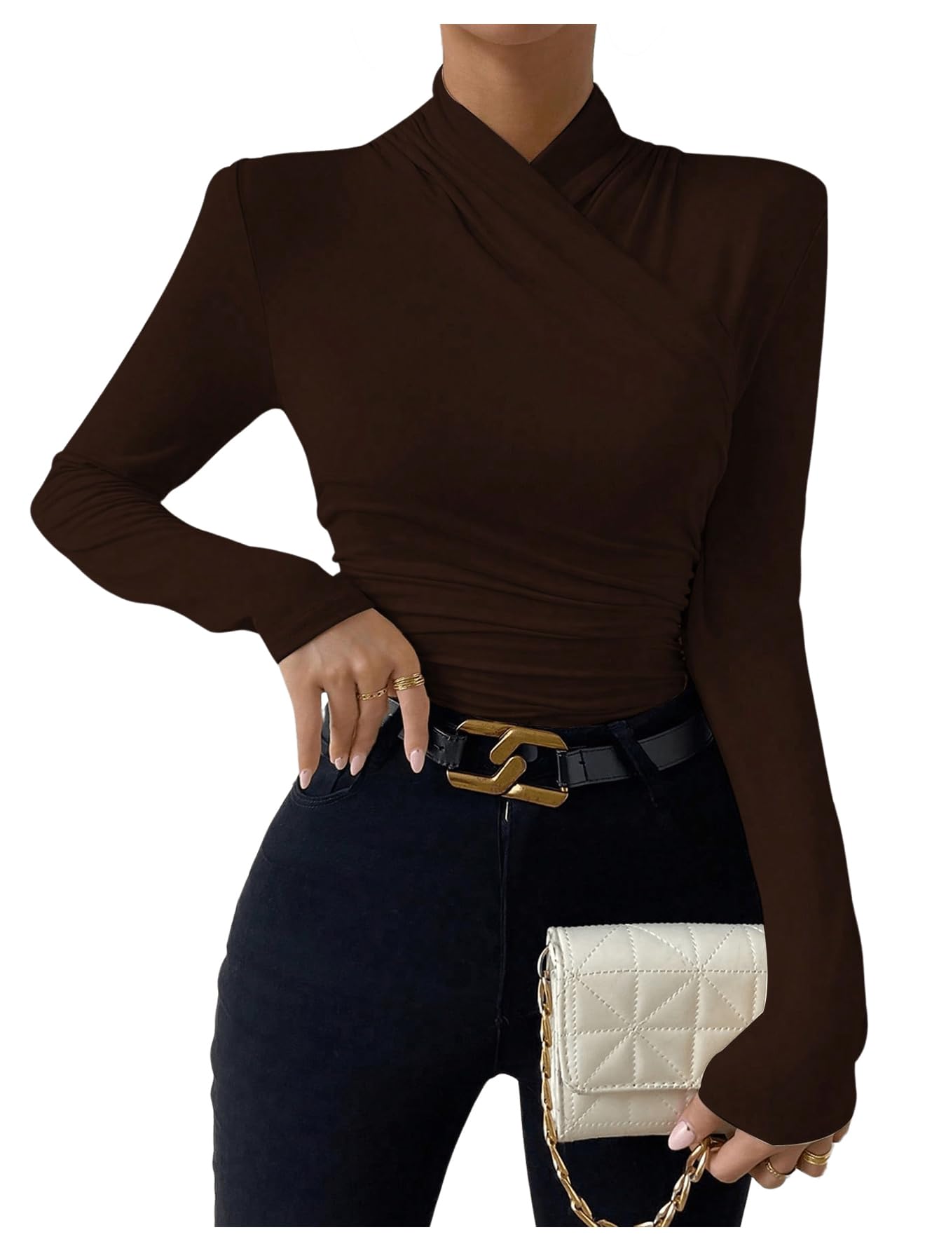 Photo 1 of SweatyRocks Women's Ruched Mock Neck Long Sleeve T Shirt Solid Slim Fitted Tee Tops Brown Medium