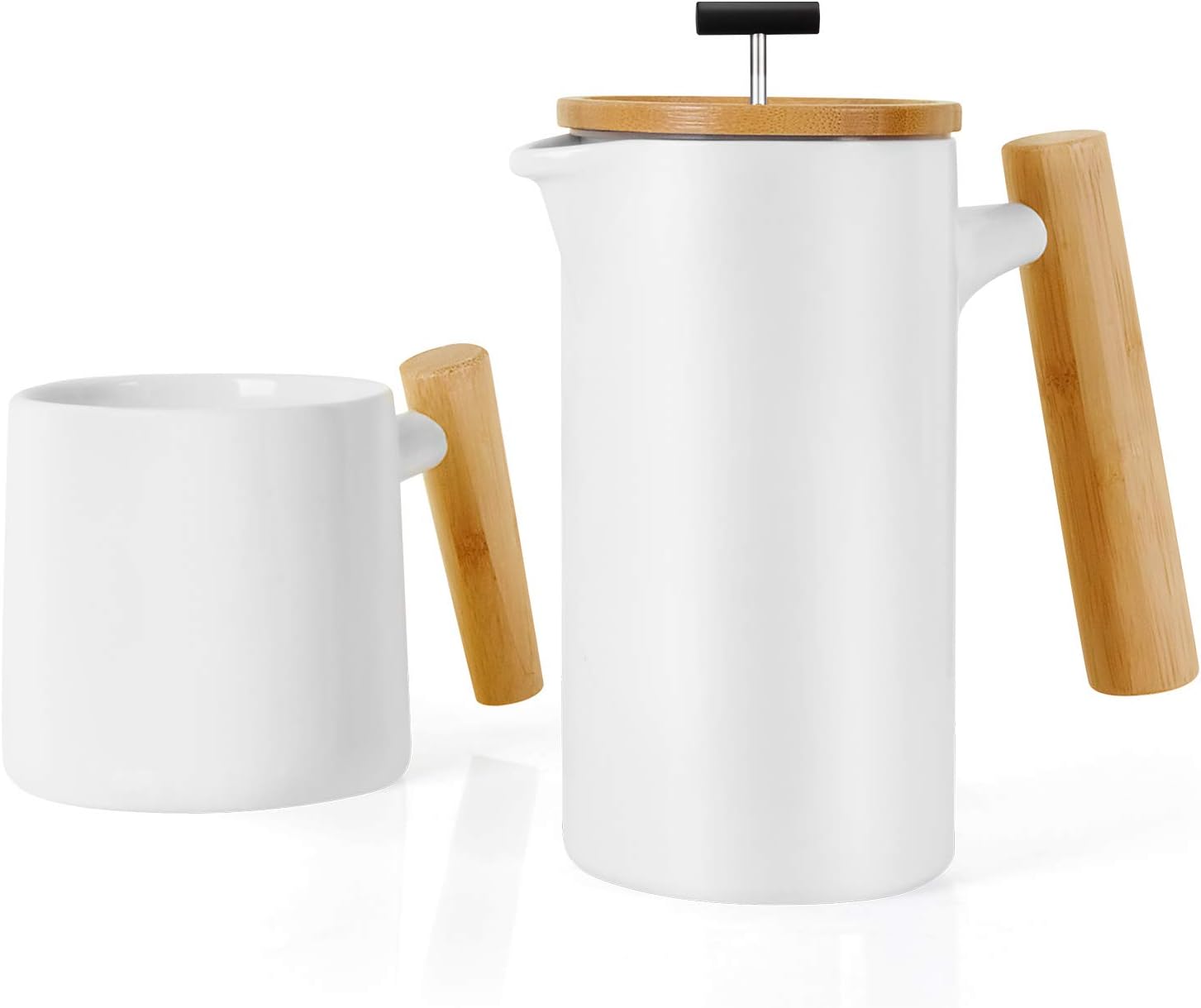Ceramic French Press Coffee Maker/Coffee Press/Cafetiere (800 ml) |Non-Porous Stoneware| with Coffee Mug (White, Wood Handle)