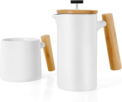 Amazon セラミック フレンチプレス コーヒーメーカー 700 Ml カフェティエール 非多孔 ストーンウェア コーヒーマグ付き 白 コーヒープレス オンライン通販
