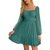 Wenrine Women's Mesh Long Sleeve Square Neck Dress High Waist A Line Ruffle Hem Flowy Casual Party Mini Dress