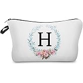 YULUENZE A-Z Floral Personalized Monogrammed Makeup Bag with Zipper Travel Toiletry Pouch Birthday Wedding Presents for Bride Bridesmaid Simple Floral Cosmetic Bag for Women (Capital H)