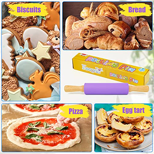 Koogel 15 Inch Silicone Rolling Pin, Purple Rolling Pin Handle Rolling Pin Non-Stick Silicone Rolling for Home Kitchen Cake