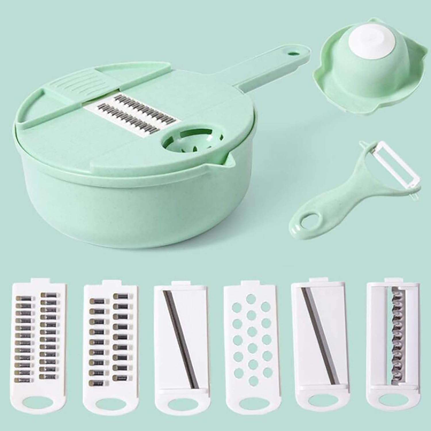 Vegetable Chopper,Multifunctional Onion Mincer Chopper Grater Garlic Chopper with Egg Separator and Drain Basket,Mandoline Slicer Food Processor for Cucumber Tomato Potato-Green 28x18x7cm(11x7x3inch)