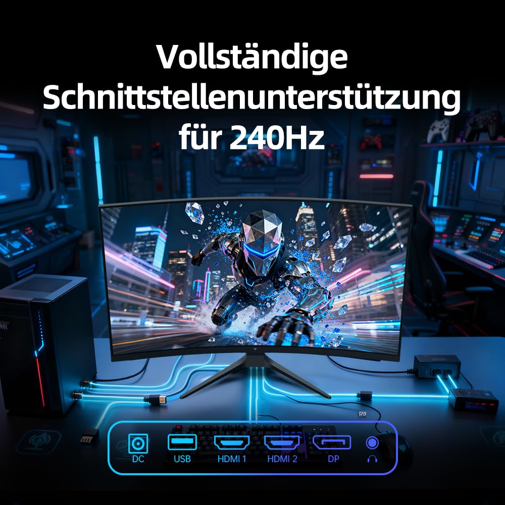 KTC Gaming Monitor 32 Zoll Curved | FHD 240Hz | 1ms MPRT | VA Panel 1500R | HDR10 | 5000:1 Kontrast | AMD FreeSync, Flicker-Free | sRGB 128% Wide Color Gamut | HDMI 2.0/DP 1.4 | VESA-Mount | H32C5 9