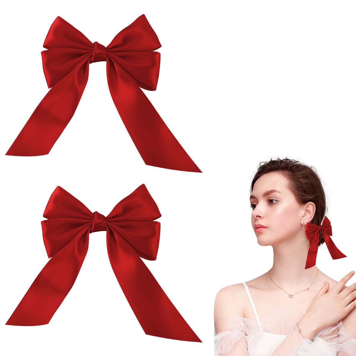 Jagowa 2 Pcs Bow Hair Clips Large Ribbon Bows Hairpin Cute Hair Decorations Accessories Party Hairstyle Alligator Clips (Red)