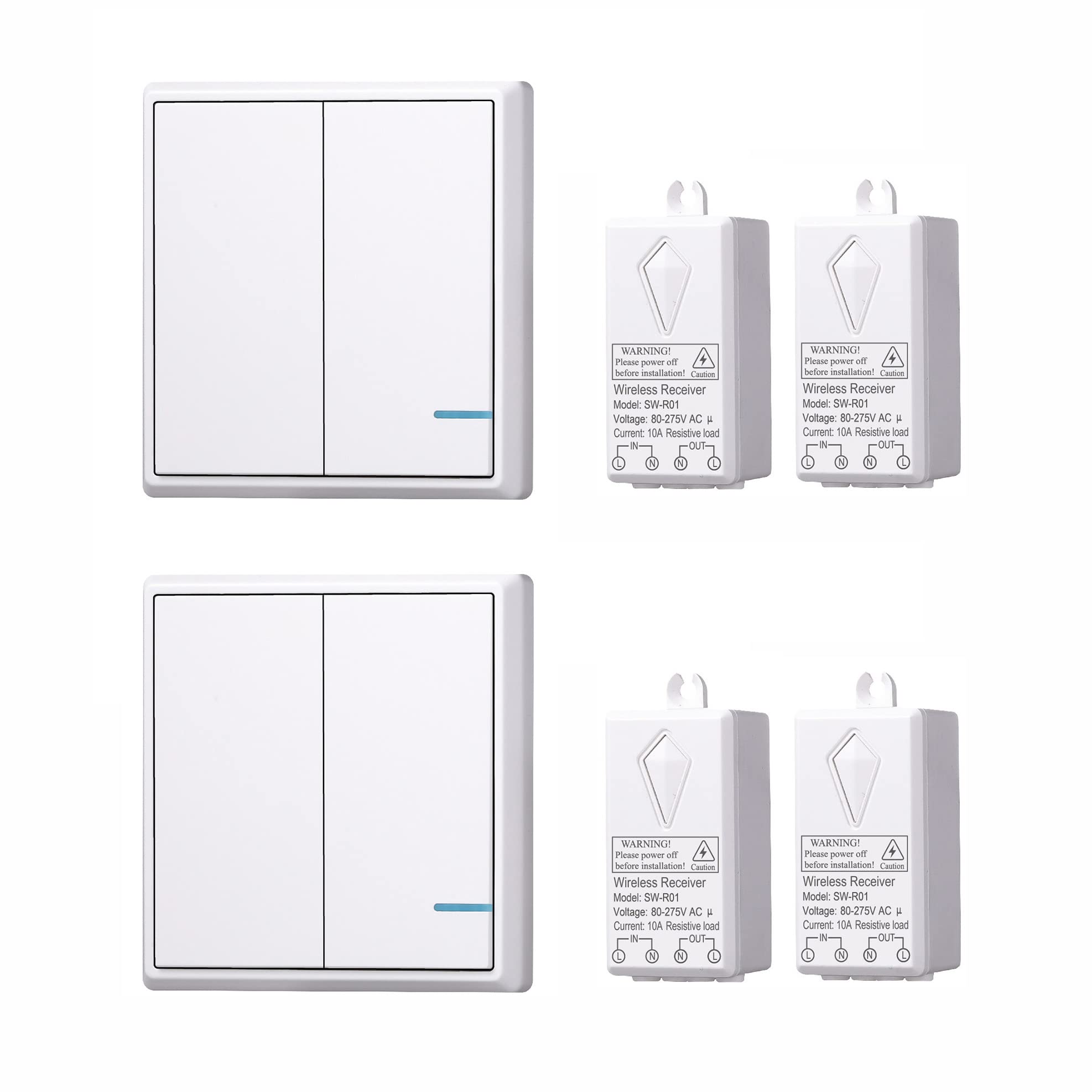 Lancoon Wireless Panel Switch Kit, Remote Control ON OFF No Wiring & No WiFi Required Programmable and Expandable for Home House Office Hotel Factory Lighting (2 Switches and 4 Receivers)