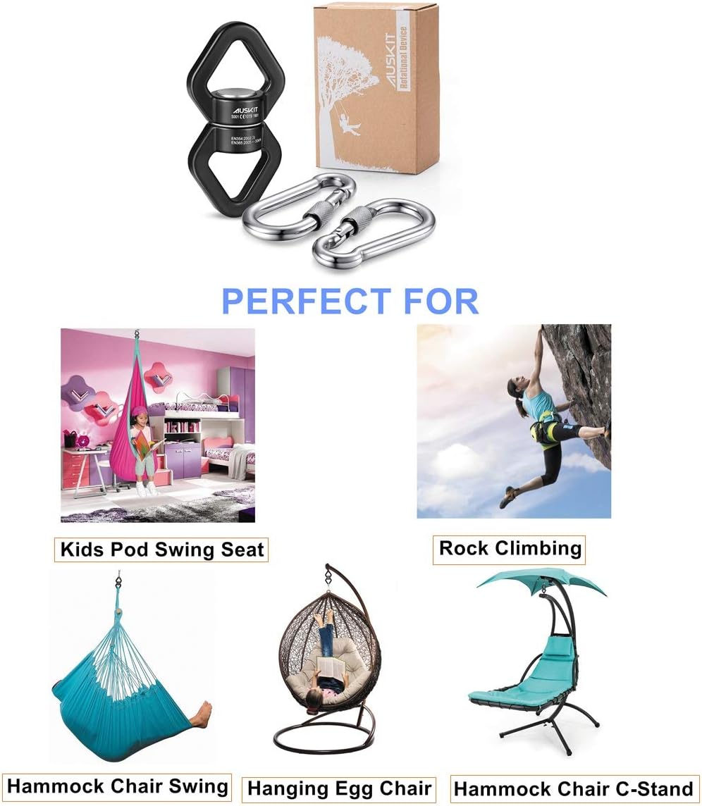 AusKit Swing Swivel, 30 KN Safest Rotational Device Hanging Accessory with Carabiners for Web Tree Swing, Therapy Swing, Aerial Dance, Swing Spinner Hanger, Rock Climbing, Hanging Hammocks (Black): Sports & Outdoors