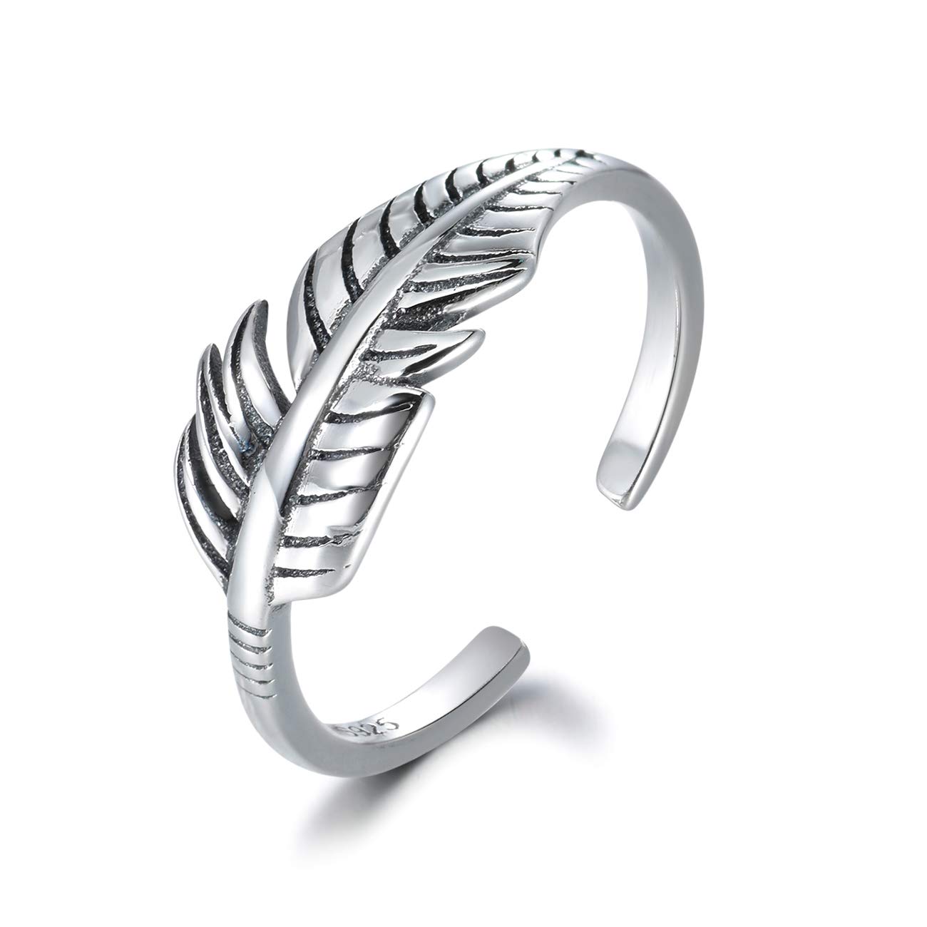 Shuxin 925 Sterling Silver Ring for Women, Adjustable Solid Vintage Silver Thumb Ring, Unisex Resizable Feather Open Finger Ring, Silver Knuckle Toe Rings for Men Ladies Girls, Gift for Christmas