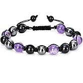Triple Protection Crystal Bracelet for Women Amethyst Black Obsidian Hematite Crystal Beaded Bracelets Handmade Jewelry Healing Calming Anxiety Stress Relief Bring Positive Energy Gifts