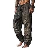 Nupucy Men's Casual Loose Fit Graphic Pants Baggy Tie Waist Ethnic Print Trousers Summer Beach Outdoor Outfits