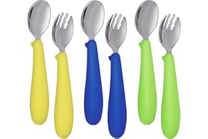 YAHAA Toddler Utensils with Silicone Handle,6 pcs Kids Silverware Set,Baby Forks and Spoons for Self-Feeding,Green Yellow Navy