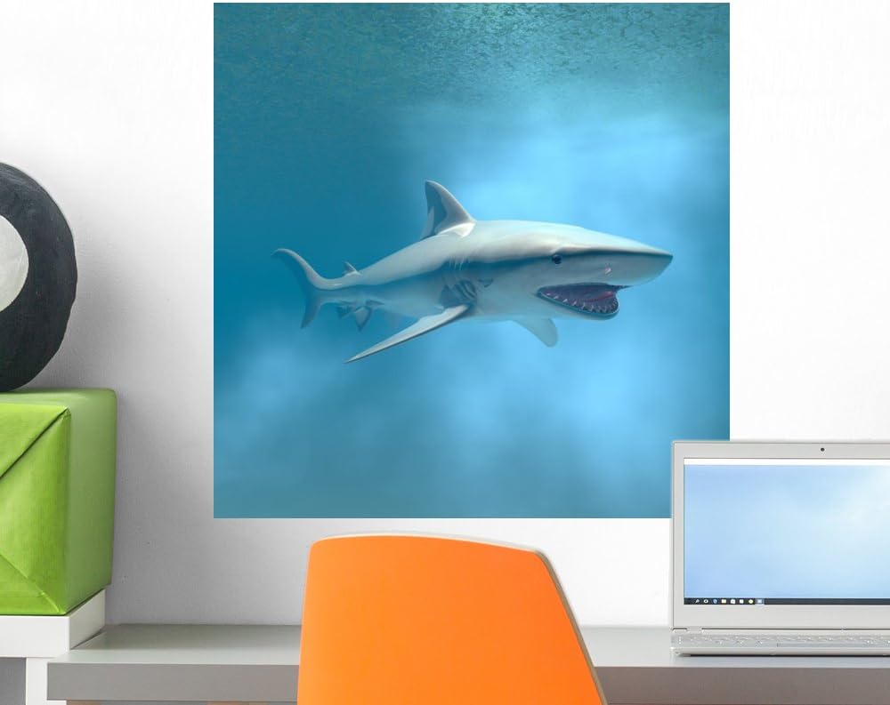 Wallmonkeys Tiger Shark Swimming Underwater Wall Mural Peel and Stick Graphic (18 in H x 18 in W) WM148398