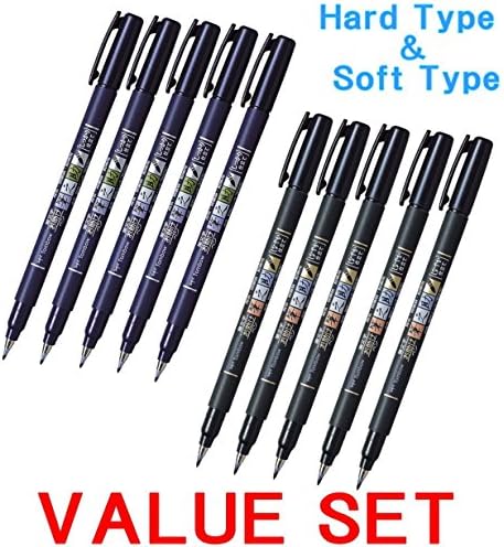 Tombow "Fudenosuke" Fude Brush Pen, Soft type 5 Pens + Hard type 5 Pens , Totsl 10 Pens -VALUE SET!! - Comic Pen - Sketch pen - Shipped from Japan