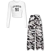 Yoxindax Girls Clothes Tween Girl Outfits Long Sleeve Ruched Top Botanical Print Relaxed Pocket Pants Set