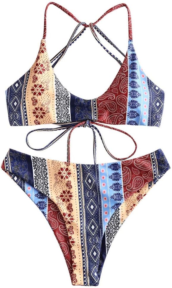 Women's V-Wired Striped Reversible Two Piece Bikini Set Strappy Swimsuit