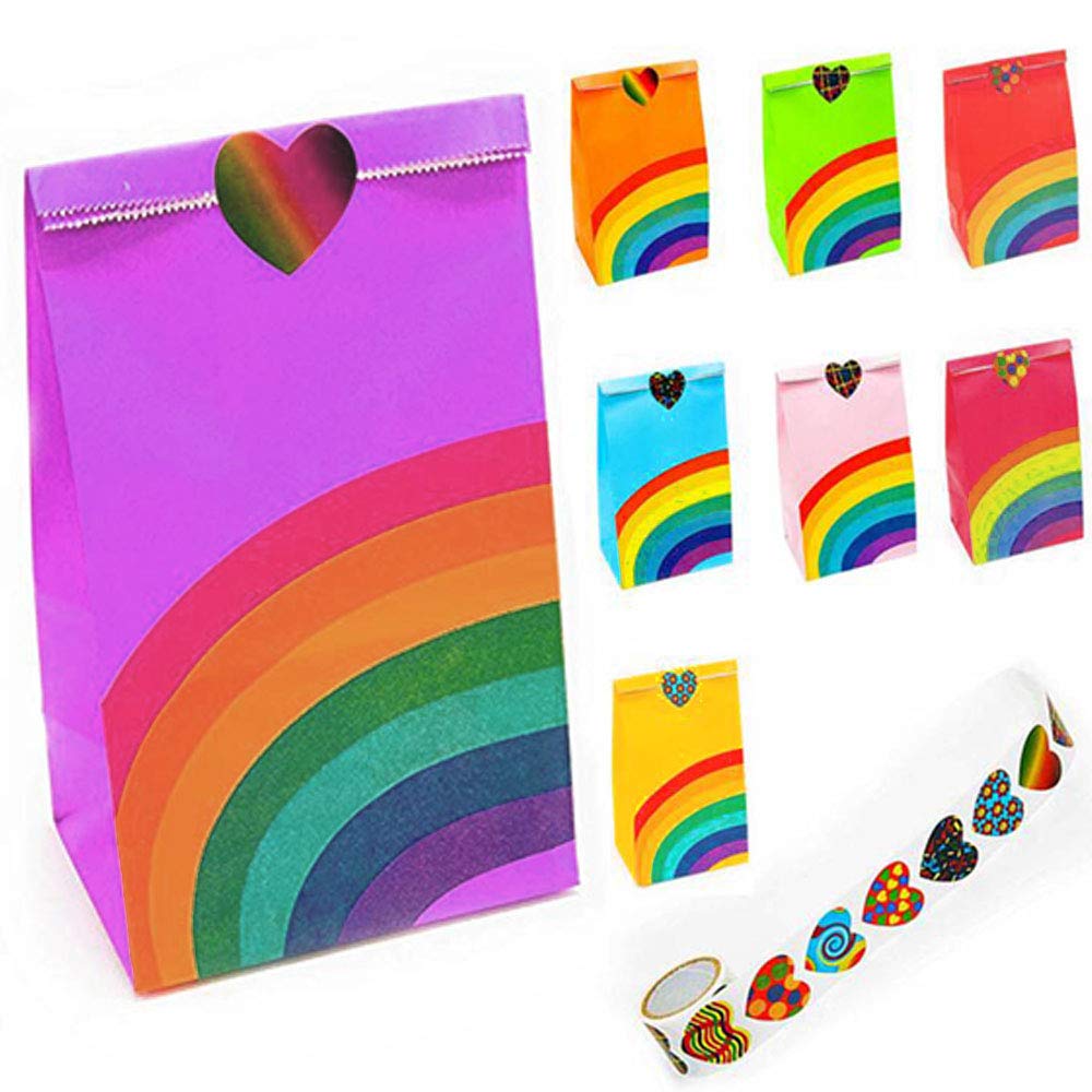 Viccess 48 Pieces Paper Party Bags Rainbow Kids Party Bags Gift Paper Bags With 100 Piece Heart Stickers For Kids Chirstmas Birthday Party Supplies