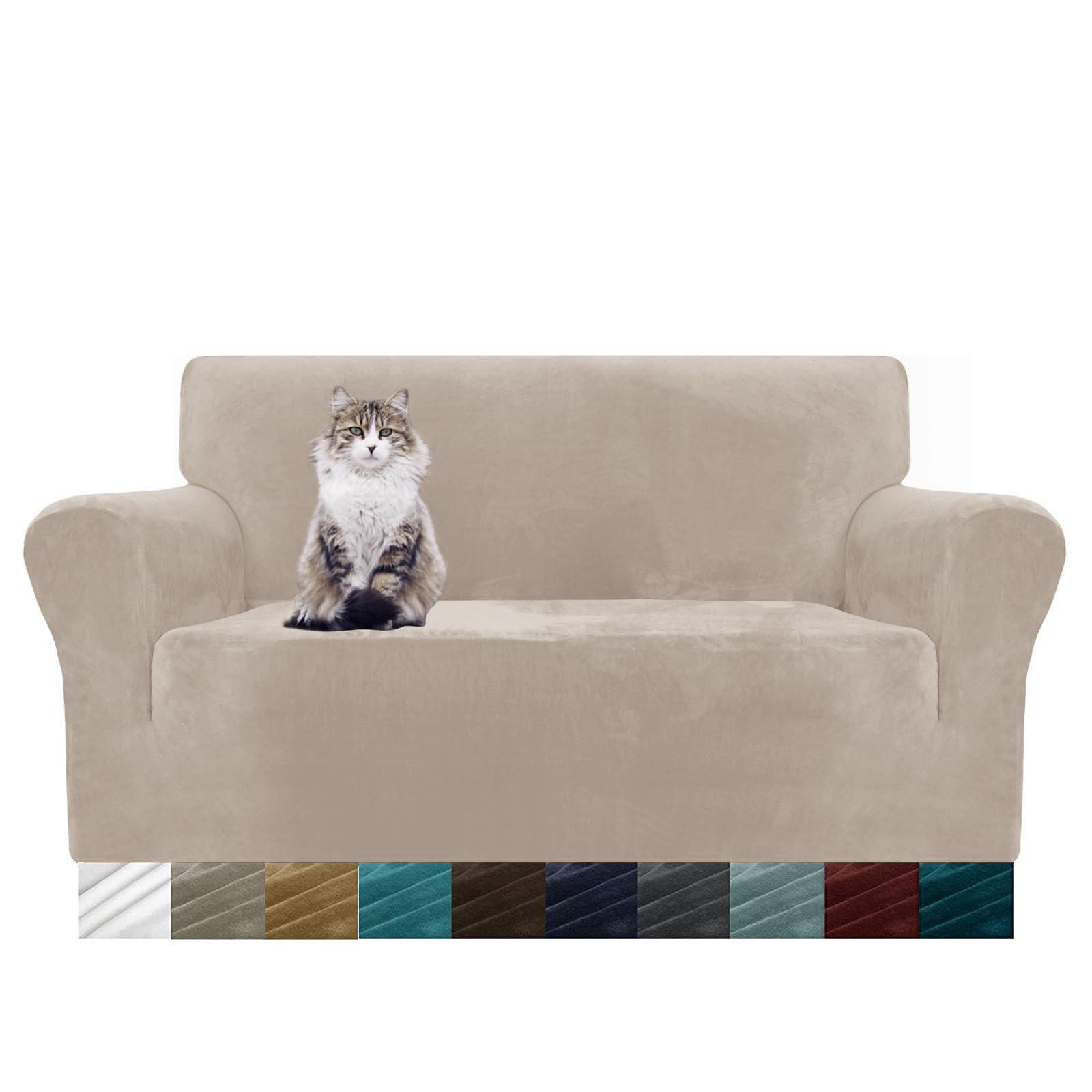MAXIJIN Thick Velvet Sofa Covers 2 Seater Super Stretch Non Slip Loveseat Covers for Living Room Dogs Cat Pet Plush Love Seat Couch Slipcovers Elastic Furniture Protector (2 Seater, Khaki)