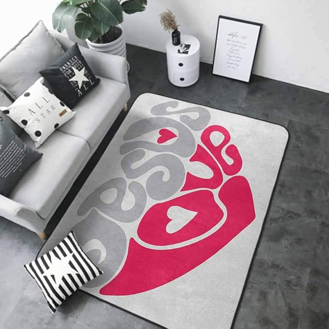 Kitchen Room Floor Mat Rug Colorful Grey and Pink, Retro Letters of Love Sixties