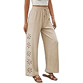 EVALESS Womens Beach Pants Summer Boho Drawstring Elastic Waist Hollow Out Textured Wide Leg Vacation Clothes