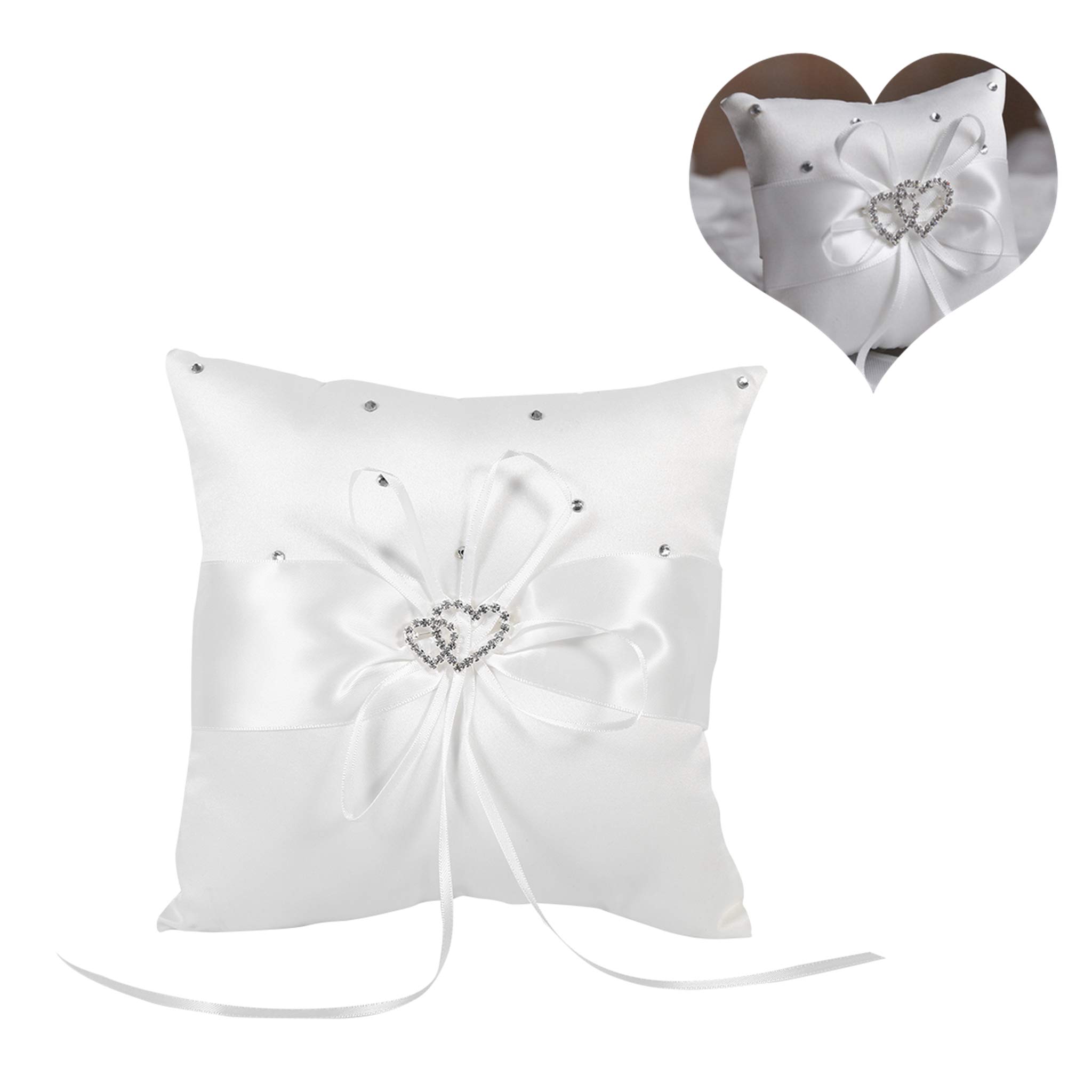 Cafopgrill Wedding Pillow, 20 x 20cm Ribbon Bowknot Stain Double Hearts Diamonds Wedding Pillow Bearer Holder Pillow Cushion for Ceremony Wedding Party Home Decor(White)