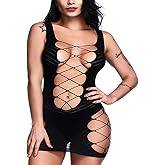 Woosifun Women Sexy Fishnet Lingerie Sleepwear V-Neck Babydoll Chemise Nightwear Mini Teddy Dress Dress One Size