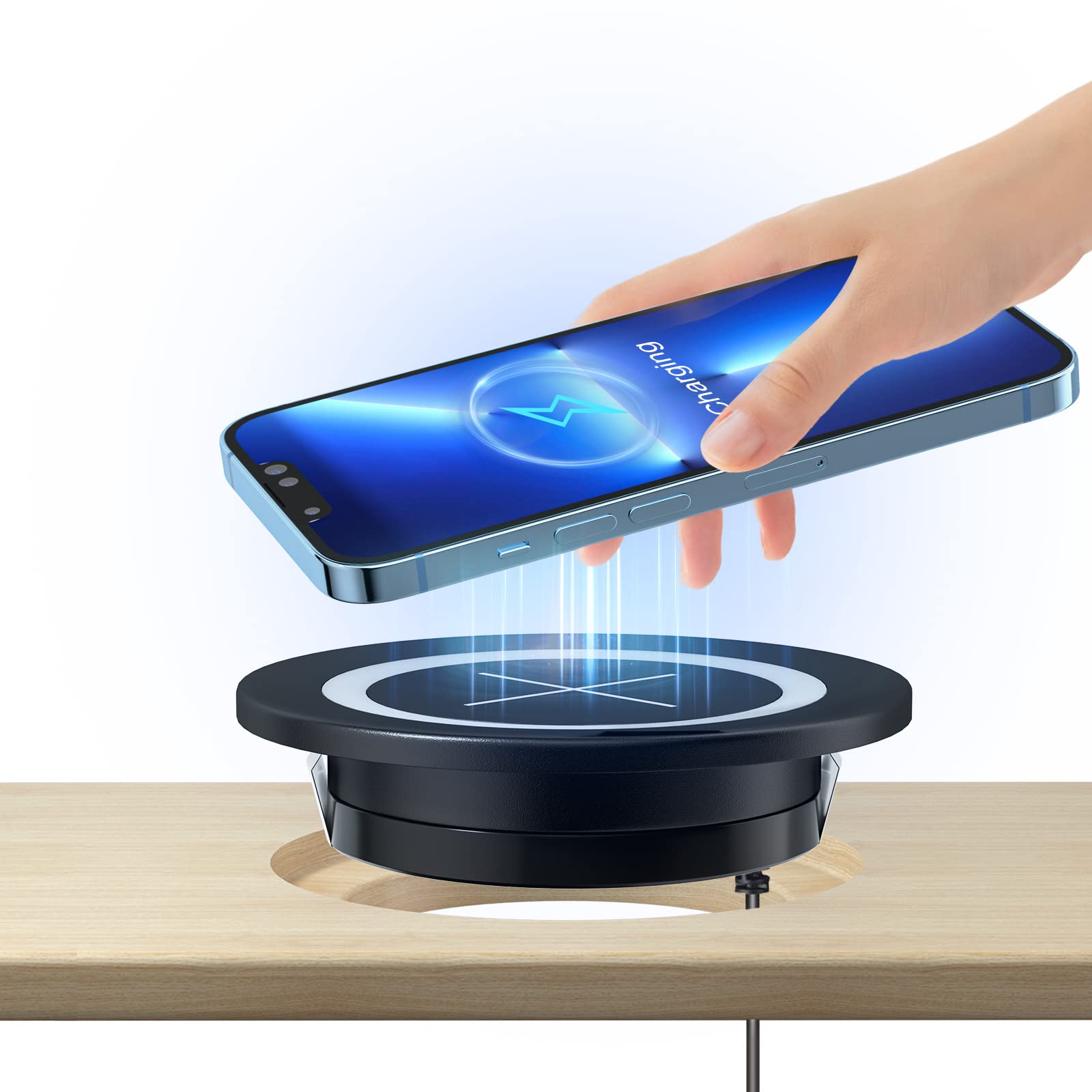 Photo 1 of Desk Wireless Charger, JE Make IT Simple Desktop Grommet Power Wireless Charging Pad, for iPhone 16/15/14/13/12 Series, Samsung, Airpods and All Phones with Wireless Charging (Black)