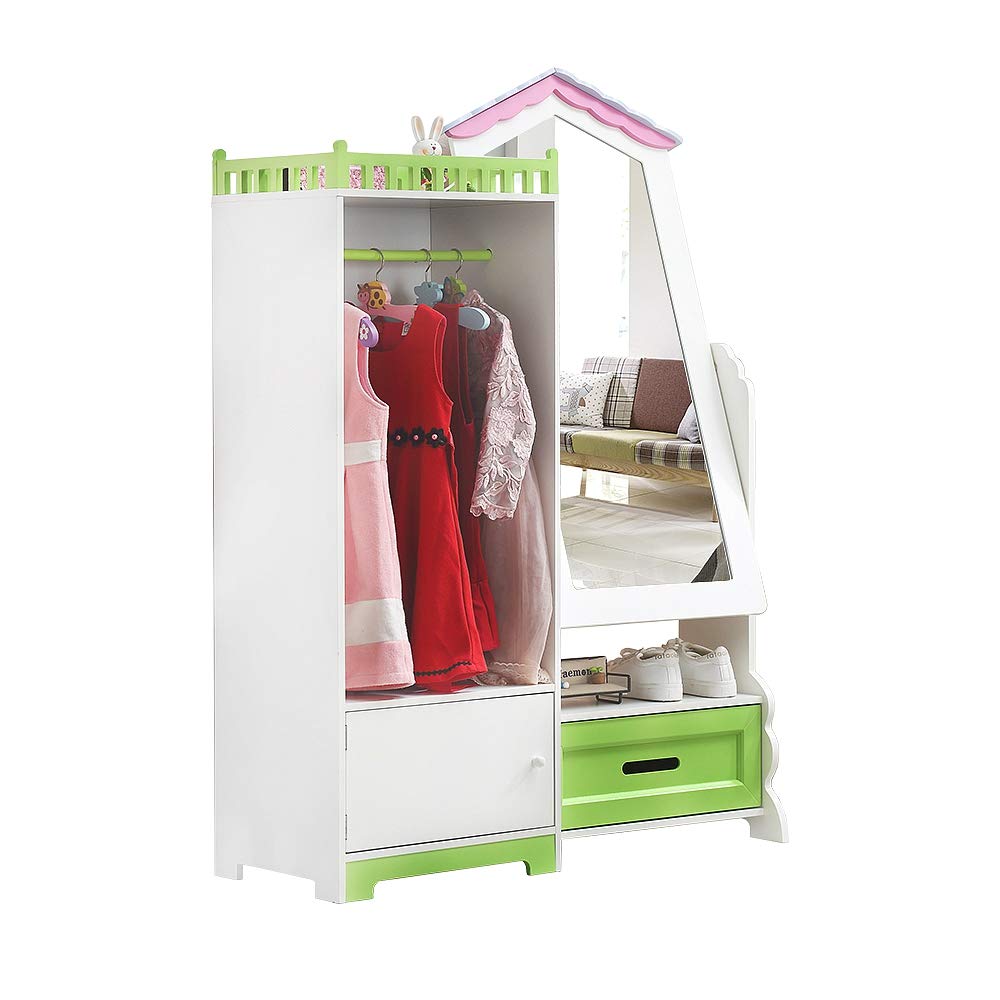 WODENY Kids Wardrobe Children Storage Cabinet with Mirror & Drawer | Child Wooden Organizer Locker Cupboard Bedroom Furniture for Boys Girls Gift (White1)